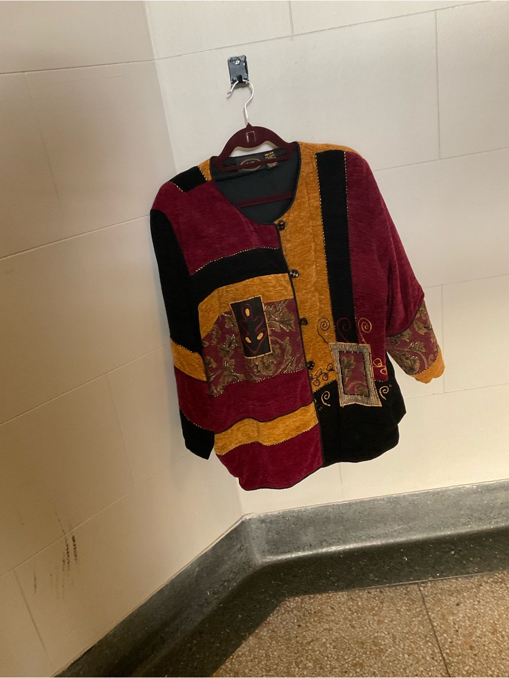 Women's Patchwork Button-Front Jacket in Burgundy, Mustard & Black